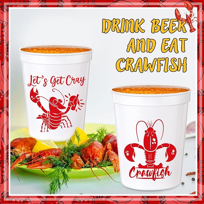 24 Pcs Plastic Crawfish Cups 16 oz Reusable Thick Crawfish Boil Party Supplies White Drinking Cups for Birthday Lobster Seafood Party Decorations Favors Gift