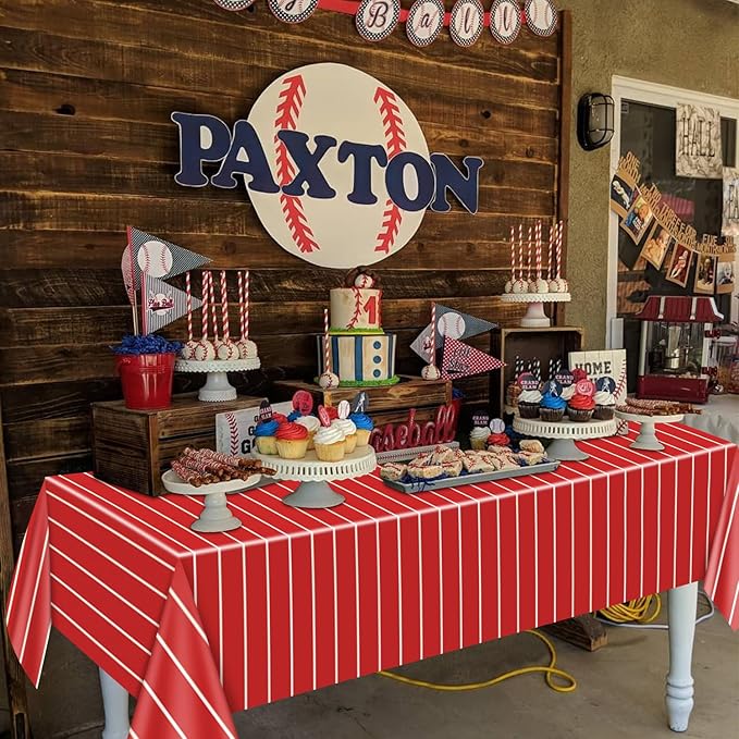 Disposable Baseball Tablecloths, 4 Pcs Plastic Red and Blue Stripe Table Covers for Baseball Birthday Decorations, 51 x 86 inches