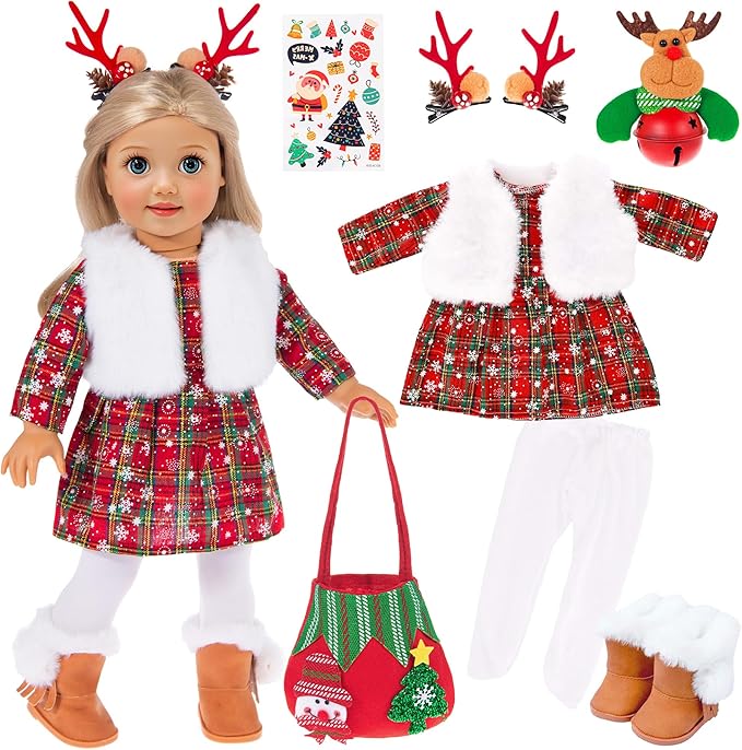 ebuddy 18 inch Doll Clothes and Accessories- Christmas Costume Playset Including Dress,Fur Vest, Tights, Boots, Hair Clips,Bell and Sticker (No Doll)