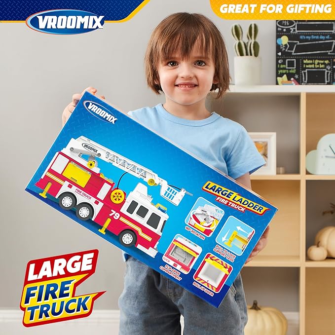 JOYIN Extra Large Toddler Fire Truck Toys for Boys with 33-inch Ladder, Lights & Sprinkler Pump, Big Emergency Vehicle, Kids Toys for Age 3, 4, 5, 6, 7, Christmas Birthday Gift for Grandkids