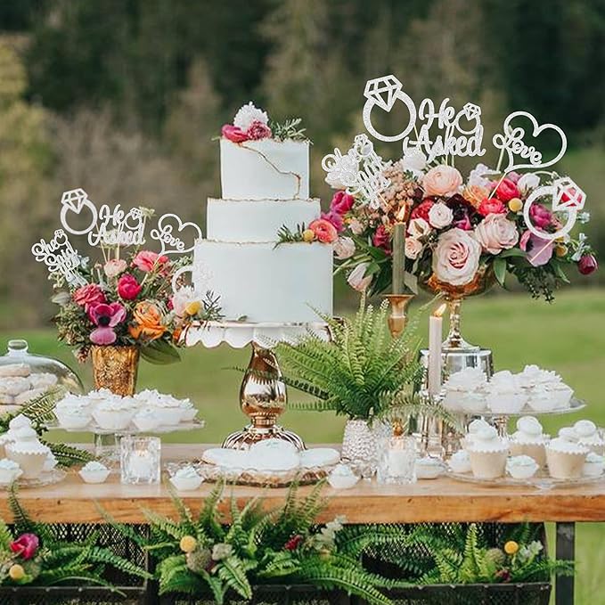 Gyufise 12Pcs He Asked She Said Yes Centerpiece Sticks Double Sided Love Heart I Do Ring Table Centerpiece Sticks for Wedding Engagement Bridal Theme Party Supplies Silver