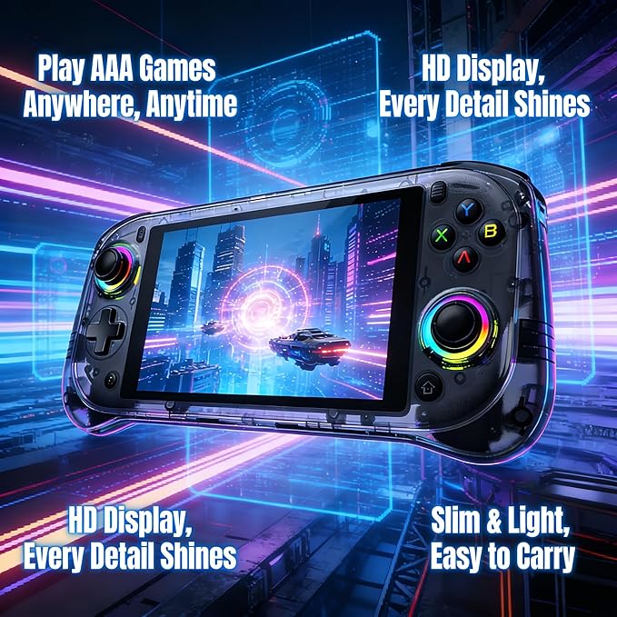 5.5"HD Android Retro Handheld Game Console,Dual Hall Joystick,RGB Lighting,Support most Emulators & 20000+ Games,Portable Ergonomic Design,Global Online Multiplayer,Best Value below Triple Digit Line
