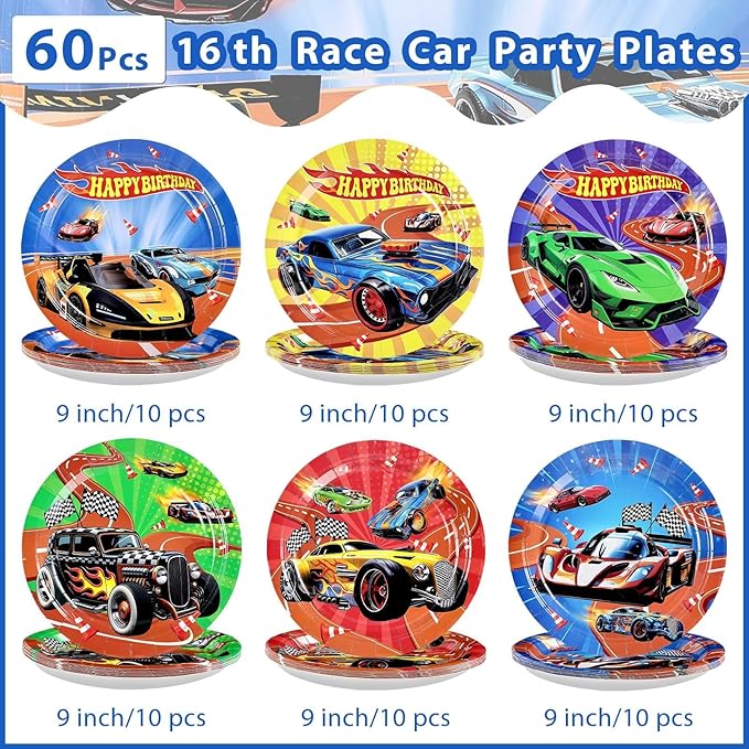 Grencian 60Pcs Hot Car Birthday Party Paper Plates 9" Heavy Duty Disposable Racing Car Dessert Platters Plates Hot Cars Decorations for Boys Kids Birthday Race Sports Game Themed Party Decoration