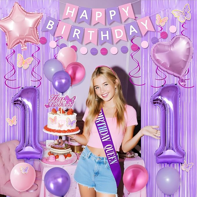 11th Purple Birthday Decorations for Girls, Pink and Purple Happy 11 Birthday Party Decorations with Happy Birthday Banner, Number Foil Balloons, Butterfly Cake Topper for 11th Party Supplies