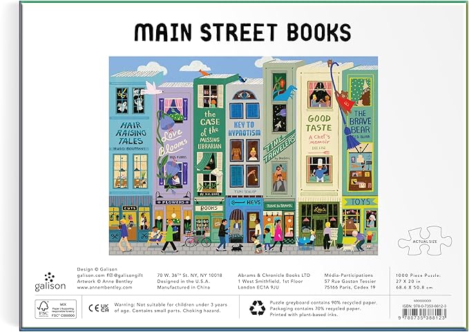 Galison Main Street Books – 1000 Piece Jigsaw Puzzle Featuring Beautiful Artwork of A Book Themed Neighborhood