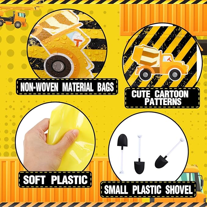 Sratte 148 Pcs Construction Birthday Party Supplies Include 12 Construction Hat, 24 Truck Toy, 24 Vehicle Sticker, 12 Silicone Bracelet, 12 Goodie Bag, 12 Paper Glasses, 50 Shovel, 1 Tablecloth 1 Tape