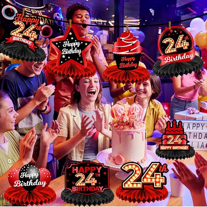 Happy 24th Birthday Red and Black Table Honeycomb Centerpieces Balloons Theme Decor Table Decorations Table Toppers for Girls Women Princess 24 Years Old Birthday Party Bday Supplies Background Gold