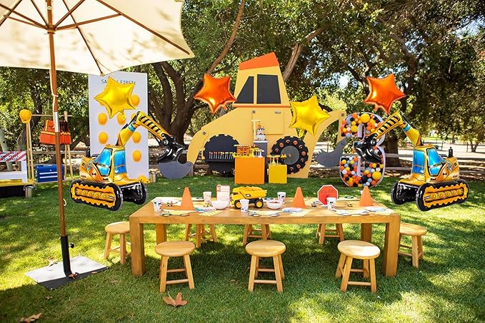 Construction Balloons, Self Standing 4D Excavator Balloon, Golden and Orange Star Balloon, Number 3 Foil Balloons for Kids 3rd Birthday Party Decorations Supplies.(3rd)