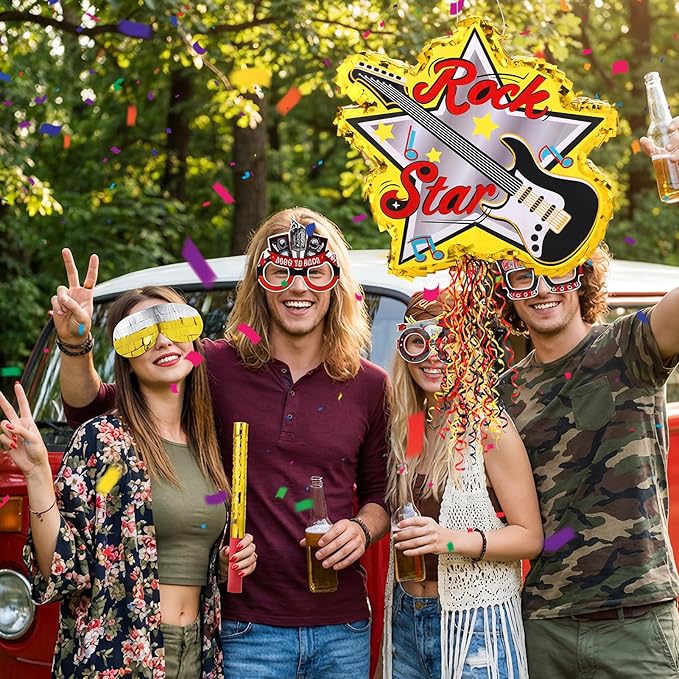 26Pcs Rock and Roll Guitar Piñata Party Set with Blindfold Banners Glasses Snap Bracelets for Music Theme Celebrations