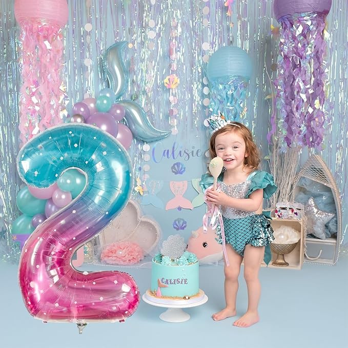 Mermaid 2 Balloons, 40 Inch Giant Rainbow Starry Helium Mylar Foil Number 0-9, Purple Teal 2nd Birthday Balloon for Girls, Blue Pink Morados Numero Two Balloons for Women Anniversary Party Decorations