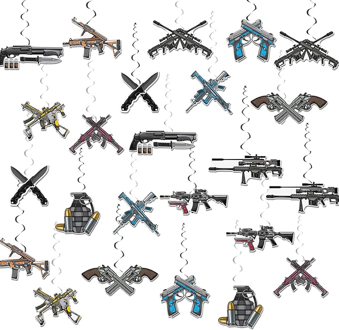 24 Pack Gun Hanging Swirls Gun Spirals Gun Hanging Decorations Ceiling Decor for Gun Pistol Birthday Party Decorations Gun Party Supplies