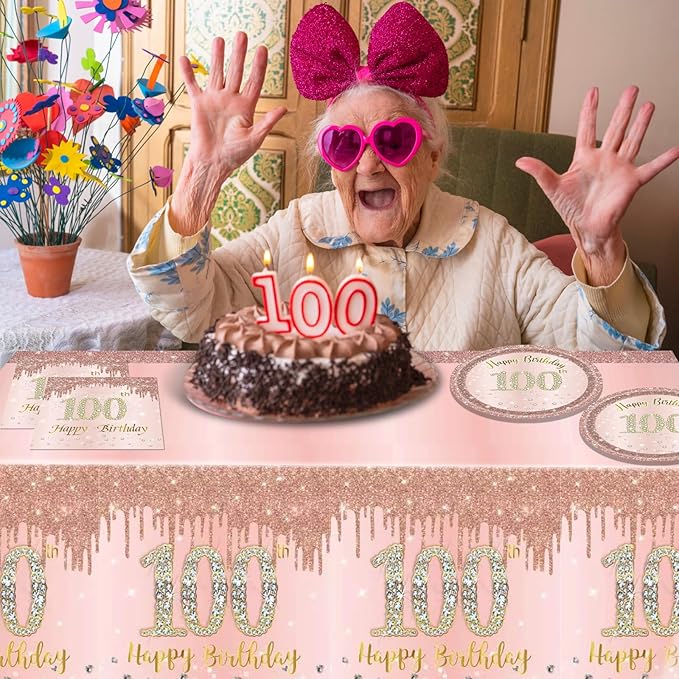 41PCS 100th Birthday Decorations Rose Gold 100th Party Disposable Tableware Set Include 100 Year Old Birthday Plates and Napkins, Plastic Tablecloth For 100 Year Old Gifts Women