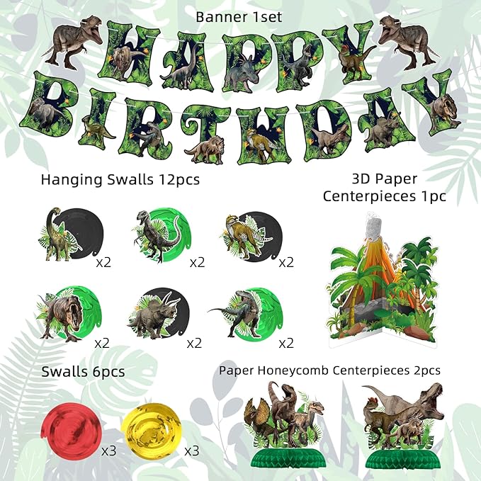 Dinosaur Birthday Party Decorations Set - Includes Pre-assembled Happy Birthday Banner, Dinosaur Hanging Swirl, Honeycomb Centerpiece for Table, Party Supplies for Home, School