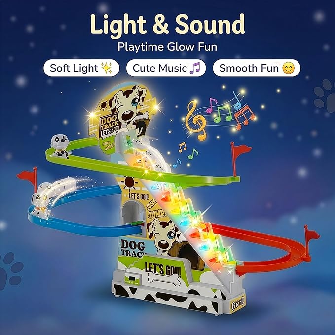 Dalmatian Racer Climbing Stairs Slide Toy - Spotty Dog Race Track Puppy Chasing Roller Coaster Game Set with LED Lights and Music for Toddlers, Kids