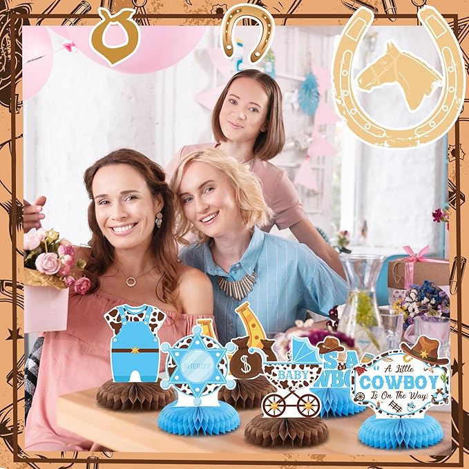 12 Pcs Cowboy Baby Shower Decorations a Little Cowboy Is on the Way Honeycomb Centerpieces Western Baby Shower Decorations Western Table Topper Table Decoration for Birthday Party Favors