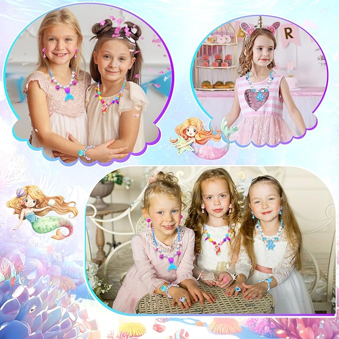 Jewelry Toys for Girls, Classic Unicorn Mermaid Frozen Themed Necklaces Bracelets Rings Earrings Set for Princess Dress Up Pretend Play, Toddler Costume Jewelry, Little Girls Christmas Birthday Gifts