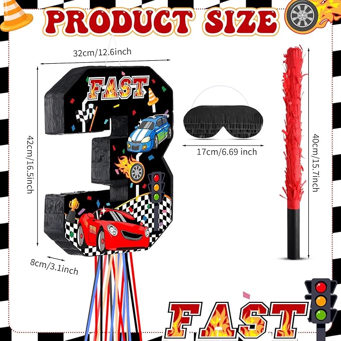 Race Car Piñata Pull String Cars Piñatas for Birthday Party Decorations Number 2 3 4 5 6 with Blindfold Stick Small Red Black Racing Theme 2nd 3rd 4th 5th 6th Party Supplies(Number 3)