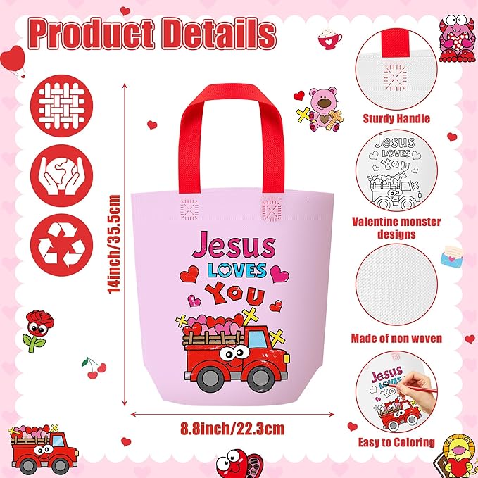 Valentine's Day Cartoon Coloring Goodie Bag for Kids - 24Pcs Christian Bulk Color Your Own Gift Bag with Handle Religious Reusable Coloring Non Woven Tote Bag for Valentine Party DIY Painting Craft
