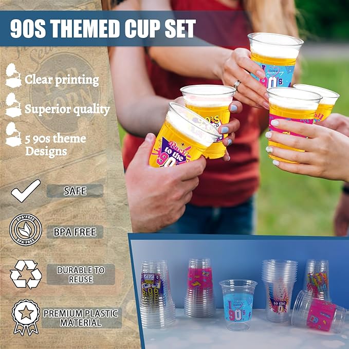 90s Theme Party Decoration Cups, 100 Pcs 16 OZ Disposable Plastic Cups for Retro Music Hip Hop Throwback Dance Back to 90's Birthday Party Favor Supplies
