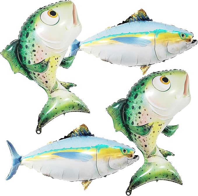 Realistic Fish Foil Balloons 4 Pack for Fishing Party Decorations - Gone Fishing Themed Birthday Supplies, Ocean Under the Sea Party Balloons, O-fish-ally One Decor (Tuna & Salmon)