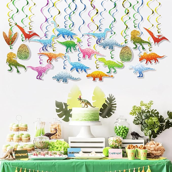 Dinosaur Birthday Party Supplies 30 Pack Watercolor Dino Foil Ceiling Hanging Swirls Streams Garland Banner Party Decor Happy Birthday Decor for Kids Jungle Dinosaur Theme Birthday Party Baby Shower