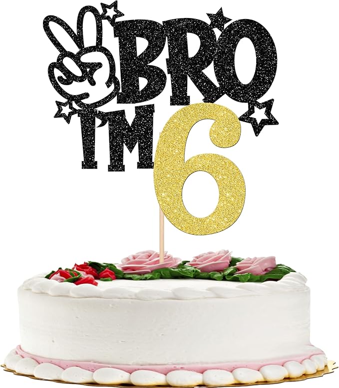 1 PCS Brother I'm 6 Cake Topper Glitter Star Happy 6th Birthday Cake Pick Bro I'm 6 Cake Decoration It's My 6th Birthday Decorations for Boys Cheers to 6 Years Old Birthday Party Supplies Gold