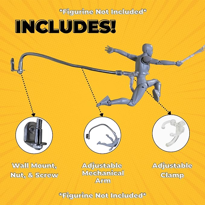 Action Figure Stand Wall Display | Flying Action Figure Display | Adjustable Metal Support Arm | Hidden Stand | Made for 6 Inch Marvel Legends | Clear | Show Off Your Flying Collectible (1 Pack)