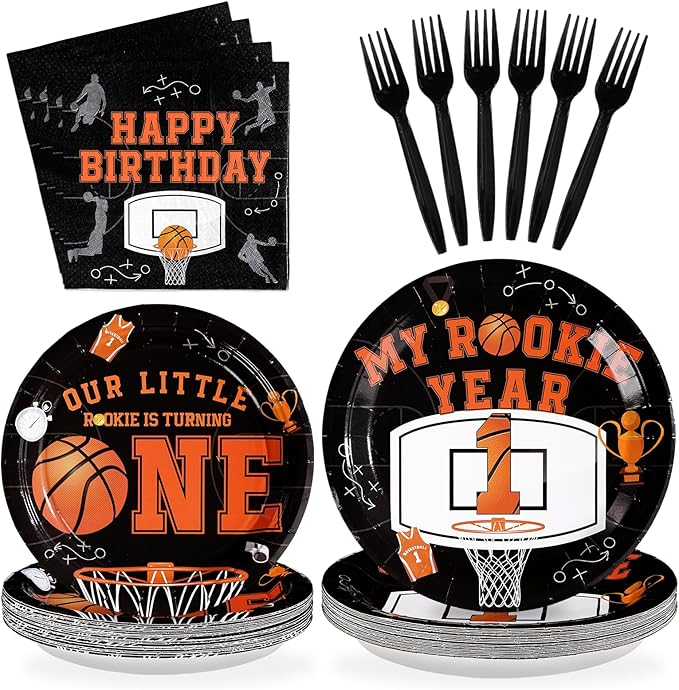 96Pcs Basketball 1st Birthday Party Supplies My Rookie Year First Plates and Napkins Disposable Basketball Theme 1st Tableware Set for Boys Kids One Year Old Baby Shower Party Decorations，Serves 24