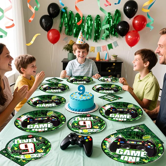 Grencian 96 Pcs 9th Video Game Birthday Party Decorations Green Video Game Level 9 Birthday Plates and Napkins Tableware Sets for Kids Boys 9 Years Old Gamer Gaming Party Supplies Favors Serves 24