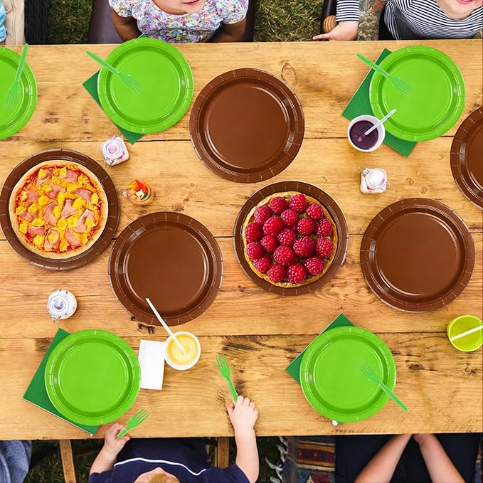 96Pcs Green and Brown Pixel Paper Plates Napkins and Forks Pixel Birthday Party Supplies Disposable Dessert Tableware Set for Video Game Party Decorations Serve 24