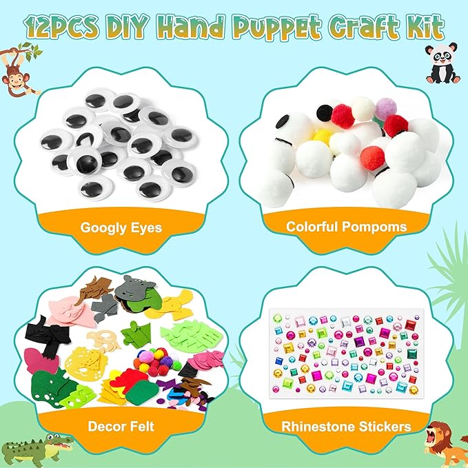 WATINC 12Pcs Hand Puppet Making Kit, Art Craft Felt Sock Puppet Toys, Creative DIY Make Your Own Pompoms Wiggle Googly Eyes Storytelling Role Play Party Supplies Gift for Girls Boys (Animals Wild A)