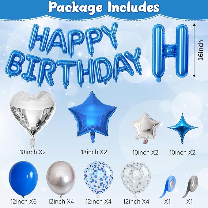 Blue Silver Birthday Decorations for Boys Dark Royal Navy Blue Metallic Silver Confetti Balloon Happy Birthday Banner 18/10 Inch Heart Foil Balloons Star Balloon for Men Bday Party Supplies
