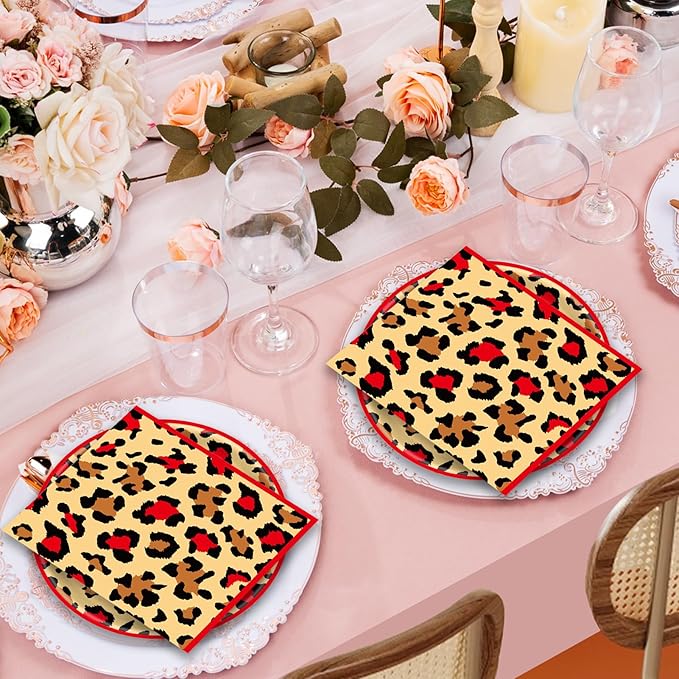 40 Pcs Cheetah Print Birthday Decorations Red Black Leopard Print Tableware Safari Animal Jungle Birthday Party Decor Supplies Includes 20PCS Dessert Plates and 20PCS Napkins for Girls Women