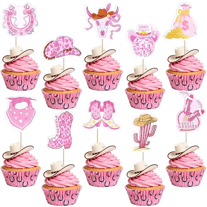 40 PCS Cowgirl Cupcake Toppers HorseShoe Hat and Boot Cupcake Picks Cactus Bandana Disco Ball Cake Decorations for Western Cowgirl Theme Baby Shower Kids Birthday Lets Go Girls Party Supplies