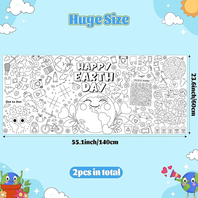 Dvbonike 2Pcs Jumbo Happy Earth Day Coloring Activity Poster - Planet Mini Fun Games DIY Drawing Color-in Paper 55.1 x 23.6 Inch Blank Doodle Art Banner, Home School Educational Event Party Supplies