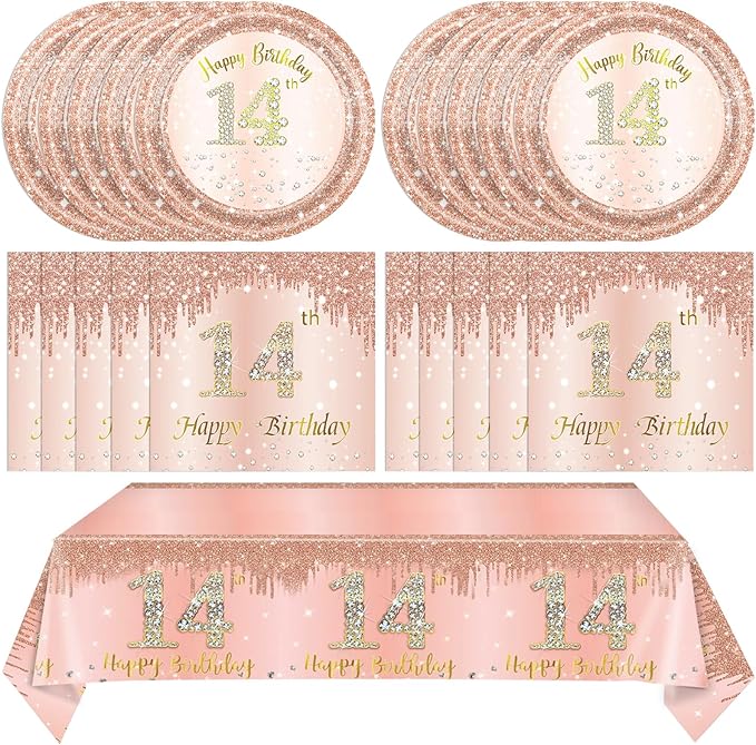 41Pcs 14th Birthday Decorations for Girls,Sweet Rose Gold 14th Birthday Plates and Napkins,Tablecloth Happy 14 Years Birthday Party Tableware Set for 14 Year Old Girls Teenager Party Favor Supplies