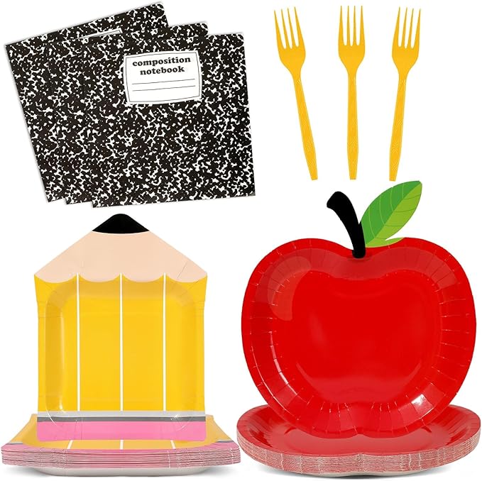 96 Pcs Back to School Tableware Set First Day of School Party Supplies Red Apple Pencil Paper Plates Composition Notebook Napkins Classroom Decoration for Kindergarten Preschool Teacher Party Serve 24