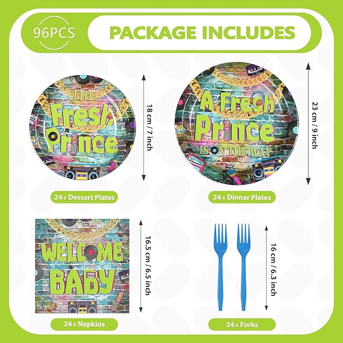 96Pcs Fresh Prince Baby Shower Party Decorations 90s Hip Hop Graffiti Plates and Napkins Disposable Vintage Themed Tableware Set for 90s Fresh Prince Boys Baby Shower Birthday Party Supplies Serves 24