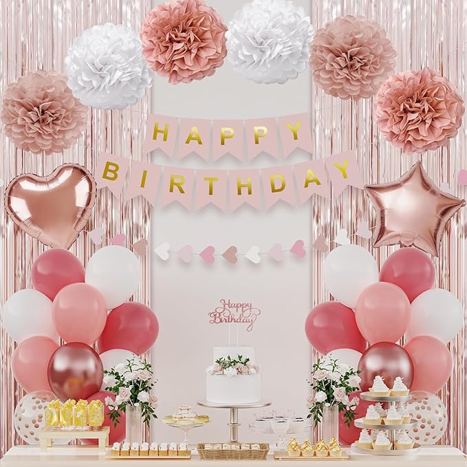 Dusty Pink Birthday Decorations for Women, Happy Birthday Party Decorations, Happy Birthday Banner, Retro Blush Pink White Rose Gold Balloons, Paper Pompoms, Heart Garland, Party Decor for Girls