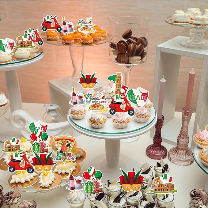 Italian Birthday Party Decorations - 36PCS Italy Pizza Cupcake Toppers Parties Decoration Buon Compleanno Cupcake Picks Decor Supplies