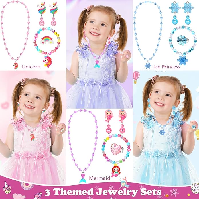Kids Play Jewelry Sets, Princess Toys for Girls 4-6, 29 Pcs Little Girl Costume Jewelry, Unicorn Necklaces, Bracelets, Rings, Earrings, Dress Up Birthday Easter Gifts for Kids Pretend Play Party Favor