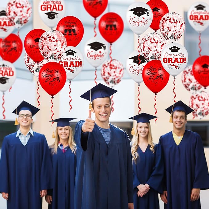 Whaline 60Pcs Graduation Party Balloon Set 7 Designs Confetti Latex Balloon with 2 Rolls Red Ribbon Grad Cap Congrats Grad Balloon for Graduation Party Decoration Supplies (Red, White)