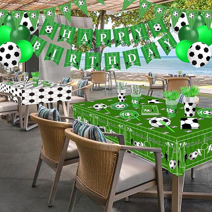 Soccer Party Plates Tableware Set Serves 24 Soccer Party Supplies Includes Banner Plates Cups Napkins Tablecloth for Soccer Sports Theme Birthday Supplies