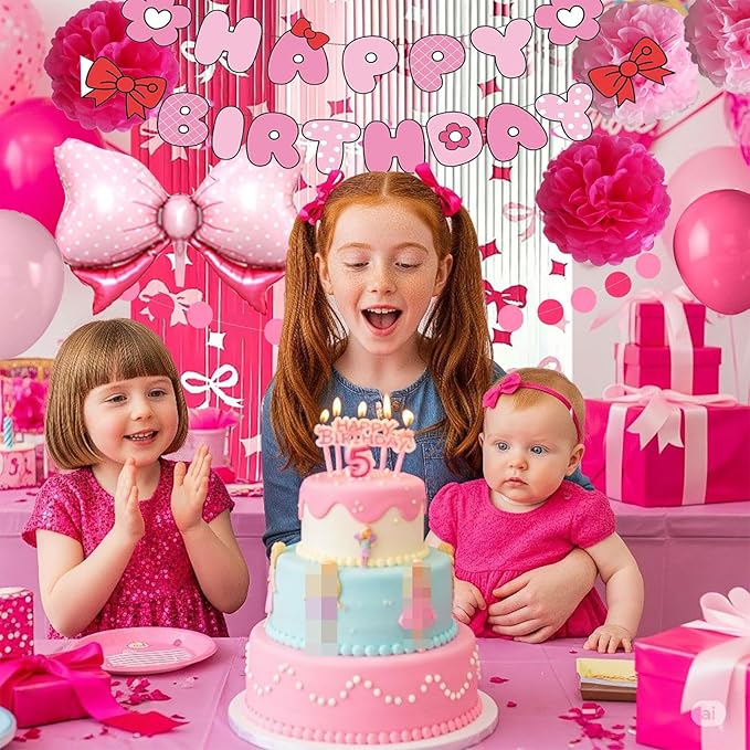 Kitty Birthday Party Decorations, Pink Bow Theme Birthday Party Supplies with Banner, Balloons, Foil Fringe Curtains, Paper Garland Pull Flower, Tissue Paper Pom Poms
