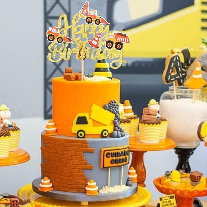 1 PCS Construction Happy Birthday Cake Topper Glitter Dump Truck Excavator Tractor Construction Cake Pick for Construction Theme Baby Shower Birthday Party Cake Decorations Supplies Gold