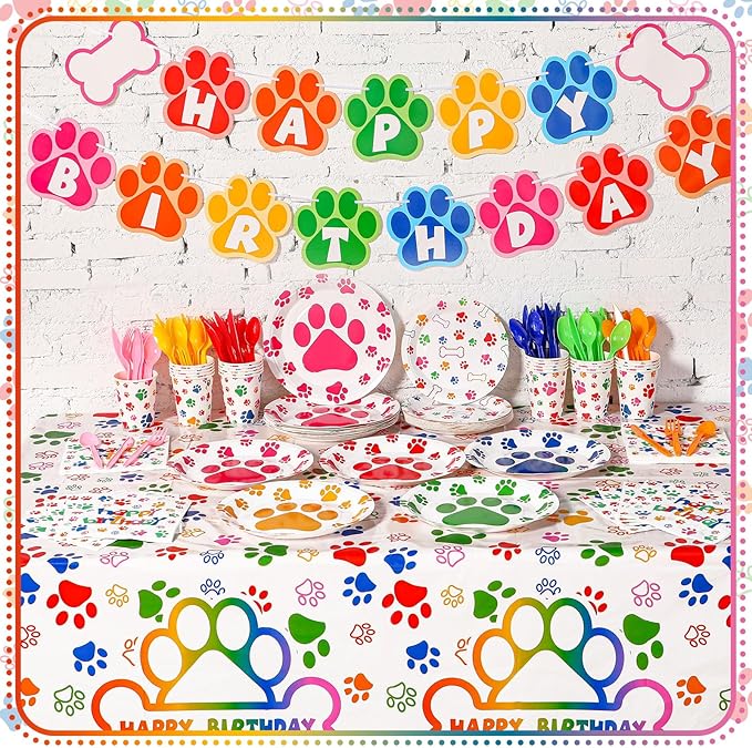 Gejoy 96pcs Dog Birthday Party Decorations Set Include Dog Print Plates Knives Forks Spoons Napkins Puppy Paw Tableware for Puppy Theme Party Supplies Kit(Bright Color)