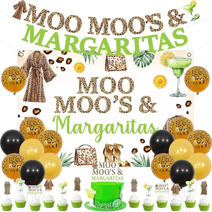 JOYMEMO Moo Moos and Margaritas Birthday Decorations for Women Female, Margarita Backdrop Banner, Cake Topper, Cupcake Toppers, Margs Theme Party Supplies