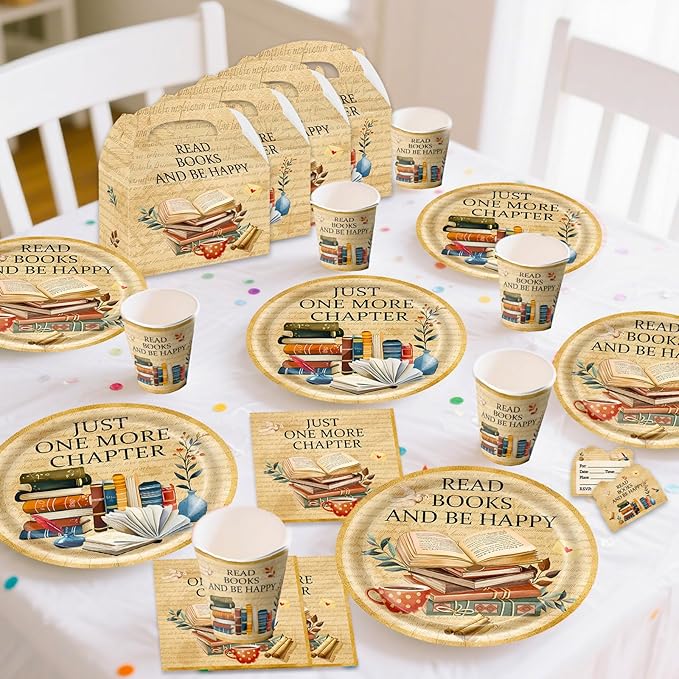 Book Birthday Party Supplies, include 20 Plates and 20 Napkins, for Vintage Book Club Library Reading Party Decorations