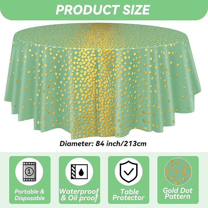 VitalCozy Round Dot Tablecloth 84 Inch Plastic Table Cover Polka Dot Confetti Tablecloths for Easter 2026 Graduation Prom Wedding Birthday Spring Party Supplies(Sage Green and Gold,3 Pcs)
