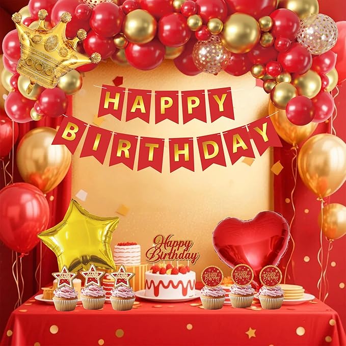 Red And Gold Birthday Decorations for Women,Fringe Curtains Happy Birthday Banner,Red balloons,Cake Toppers for girls